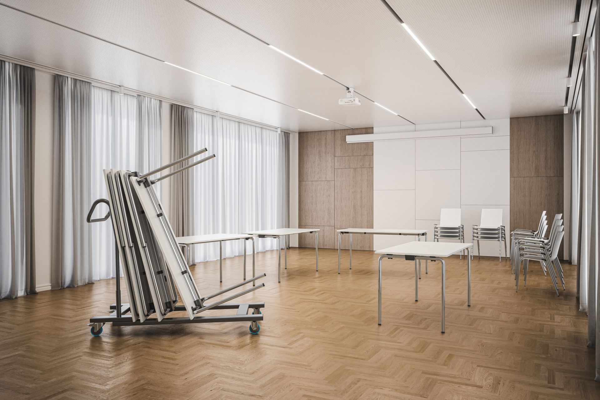 S 1196 Klapptisch von Thonet, 160 cm, in einem Konferenzraum mit Stühlen und Tischen.