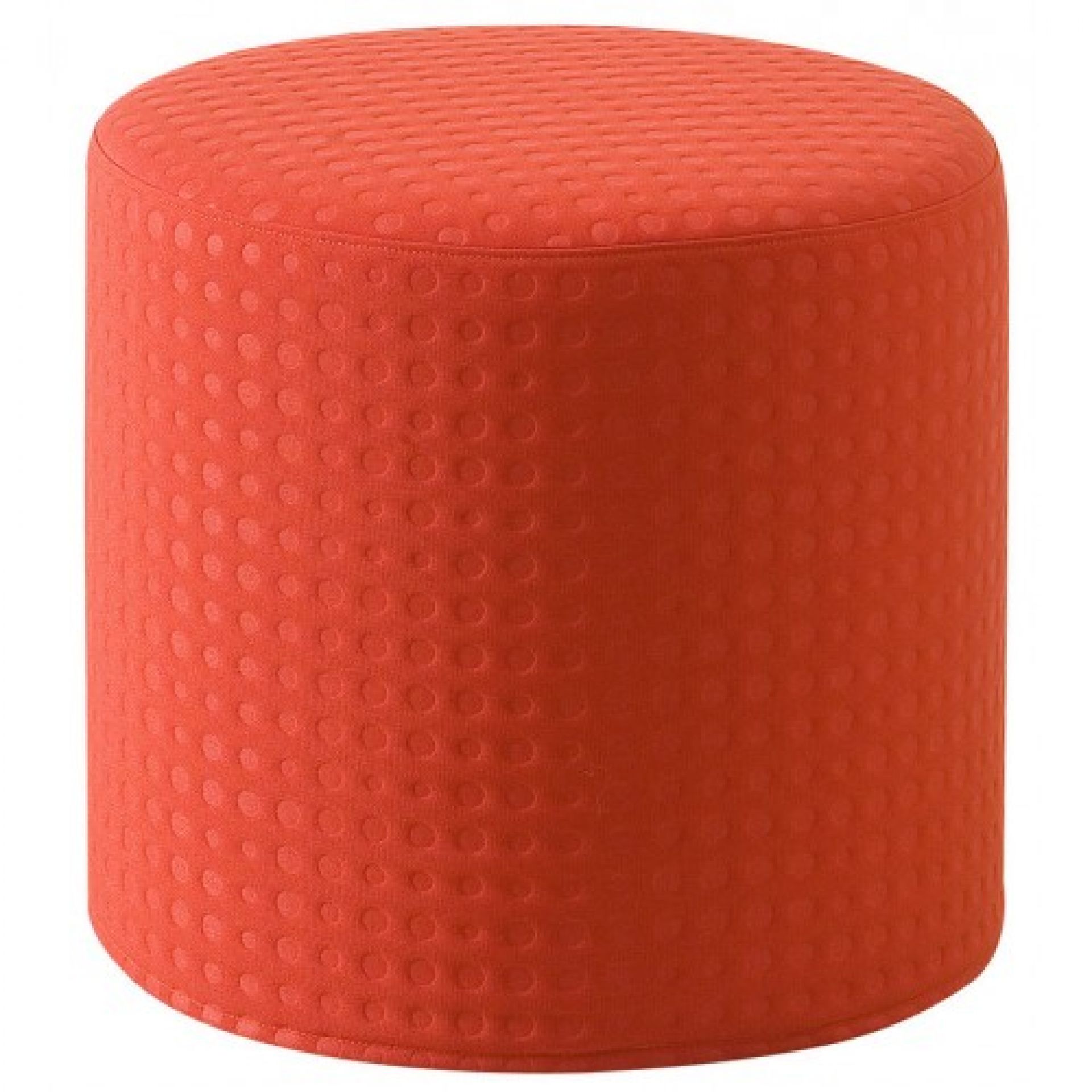 Oranger, runder Hocker mit Punktmuster, geeignet als Beistelltisch oder Sitzhocker. Drums Hocker von Softline.