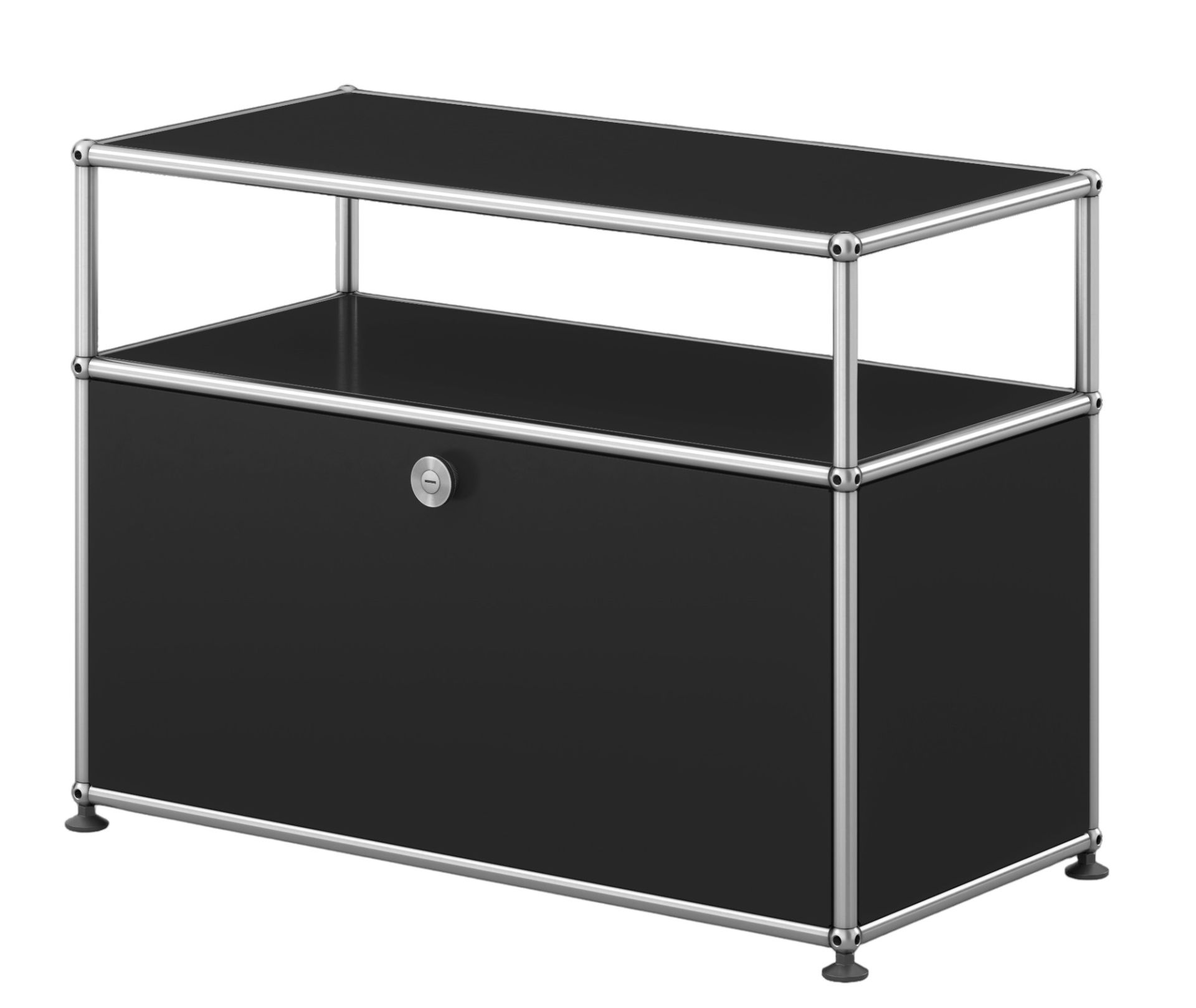 USM Haller Beistelltisch graphitschwarz mit Klappe und verchromtem Gestell, modernes modulares Möbeldesign für Wohnzimmer und Büro.