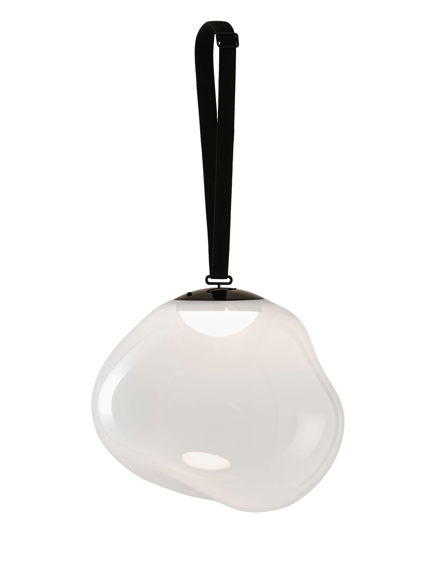 Tom Dixon Melt Large LED Leuchte in Opal mit schwarzem Tragegurt.