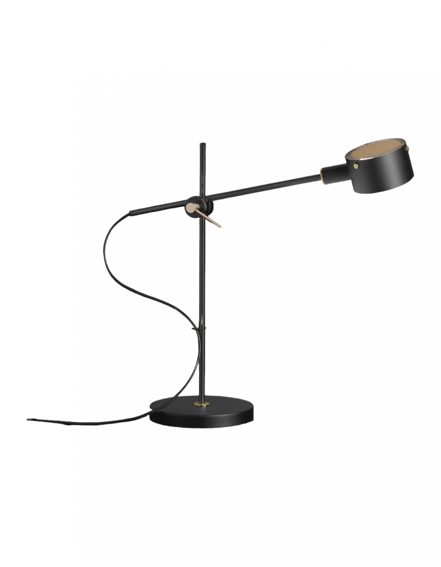 Schwarze Oluce G.O. 252 Tischleuchte mit verstellbarem Arm und rundem Lampenschirm für Schreibtisch.