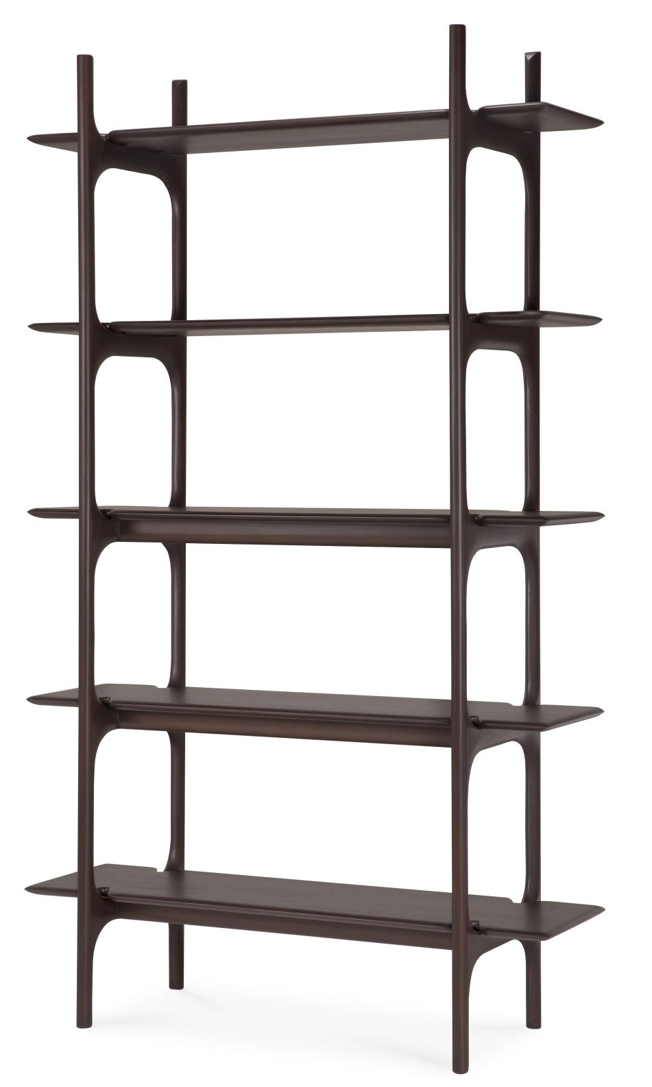 Ethnicraft Regal PI Rack aus dunklem Holz mit fünf Ablageflächen für Wohnzimmer und Büro.