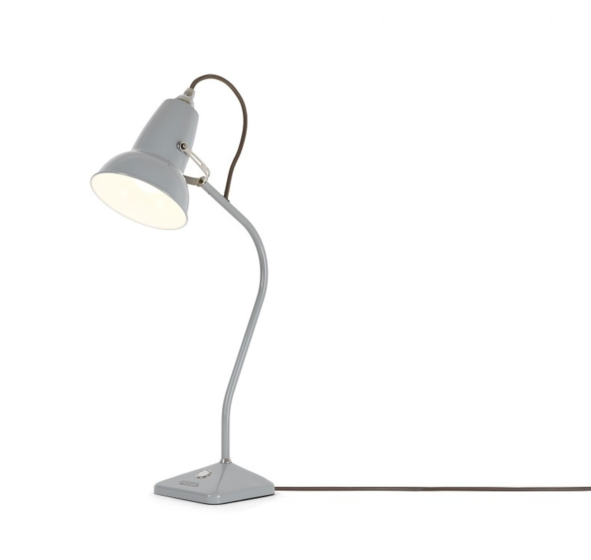 Graue Anglepoise Original 1227 Mini Tischleuchte, flexible Schreibtischlampe für Büro und Zuhause.