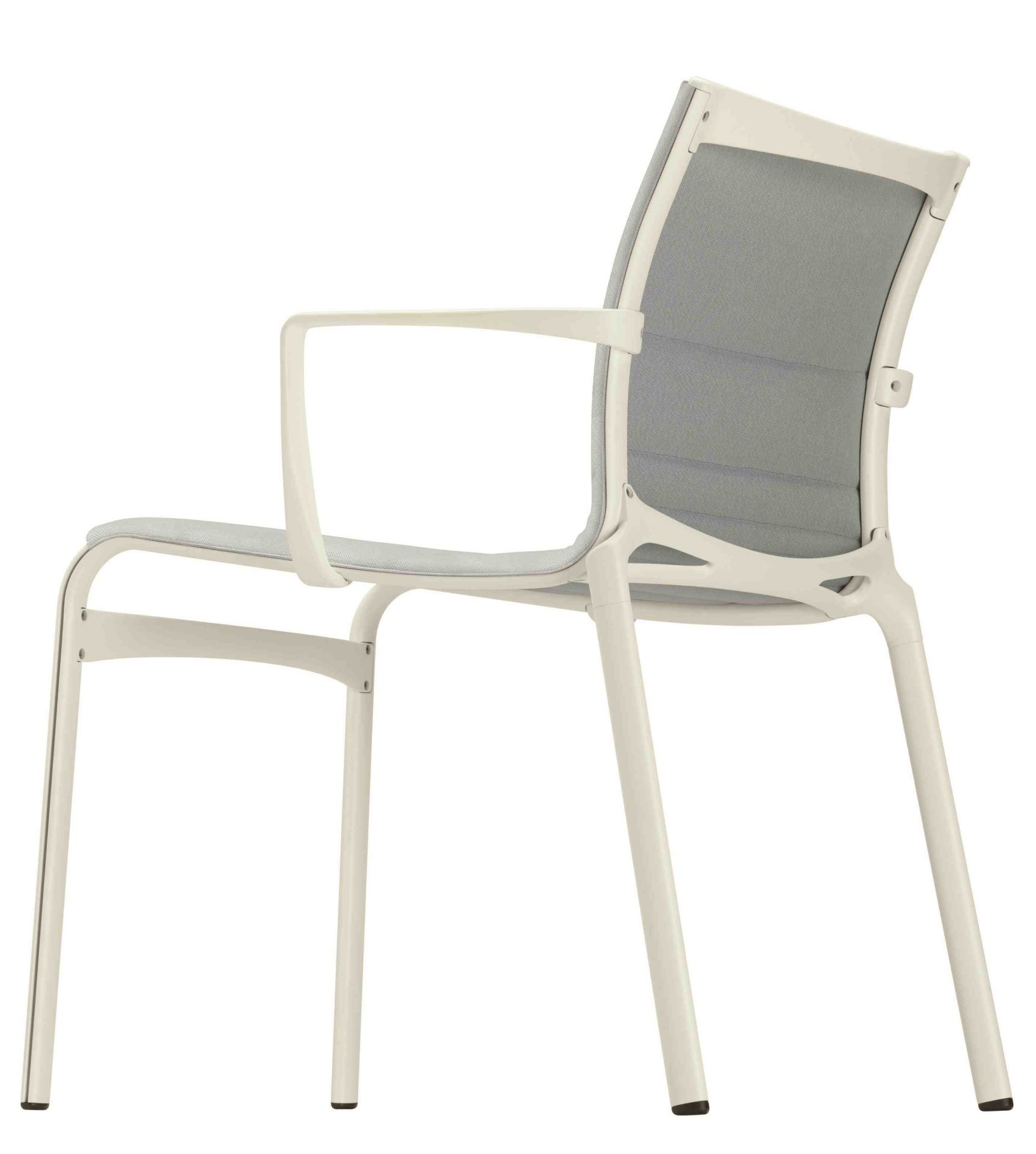 Frame Stuhl 458/459 von Alias, Ansicht von hinten, mit Armlehnen und grauem Stoffbezug.