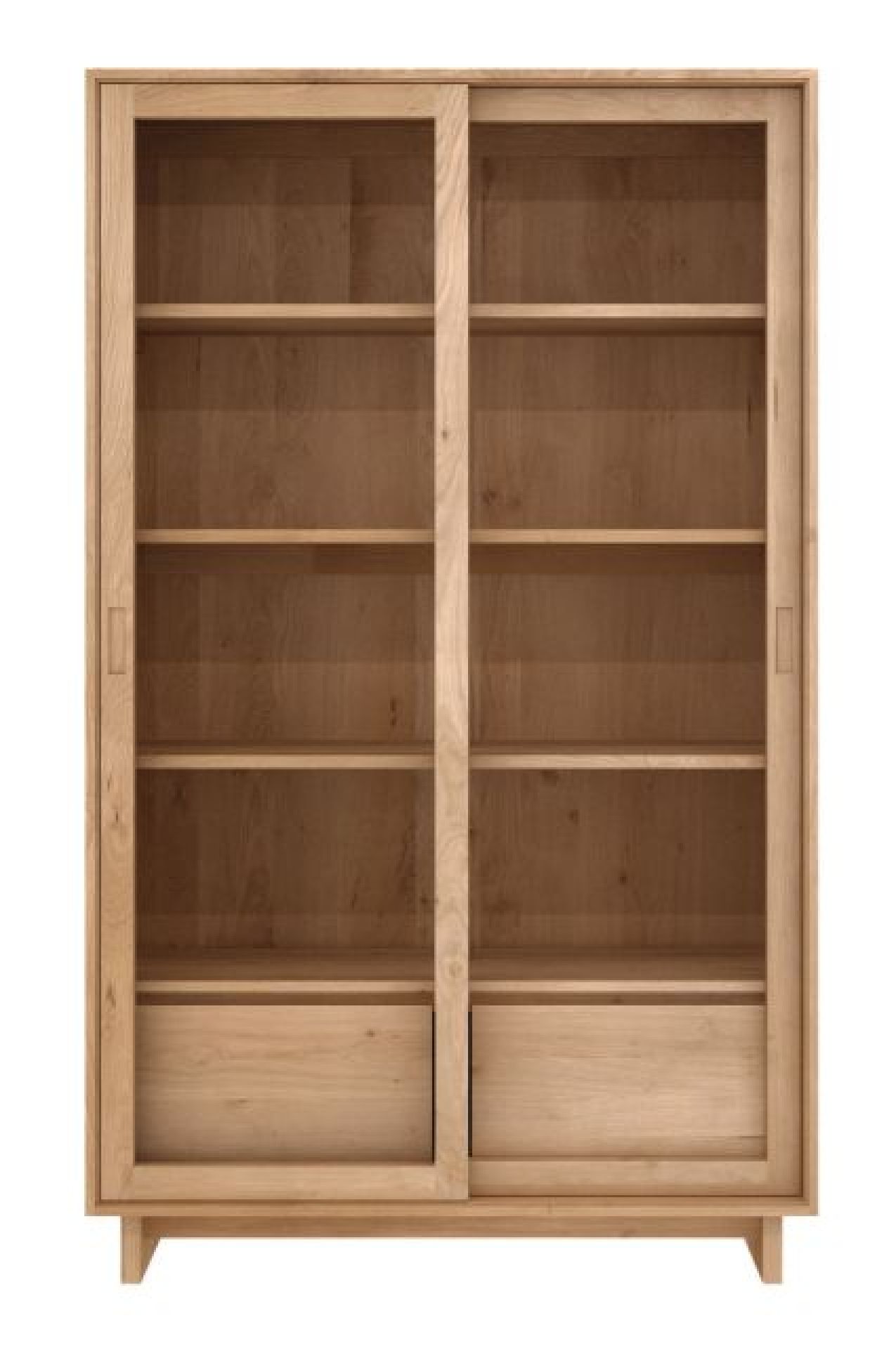 Ethnicraft Wave Bücherregal aus Eiche mit Schiebetüren und Regalböden, modernes Holz Bücherregal für Wohnzimmer.