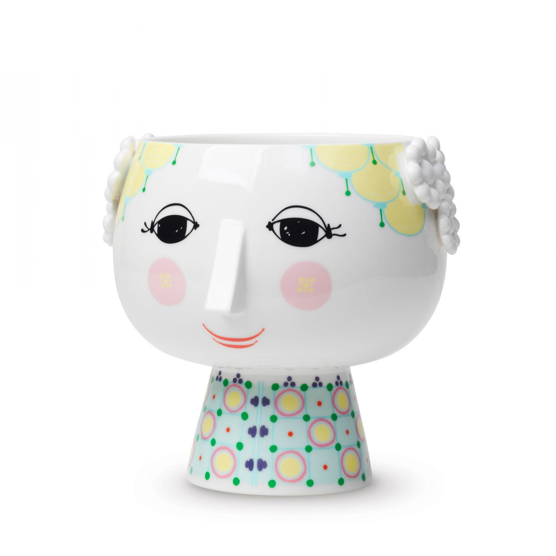 Detailaufnahme des Übertopfs Eva Bjorn Wiinblad, ein dekorativer Blumentopf mit Gesicht und Fuß.