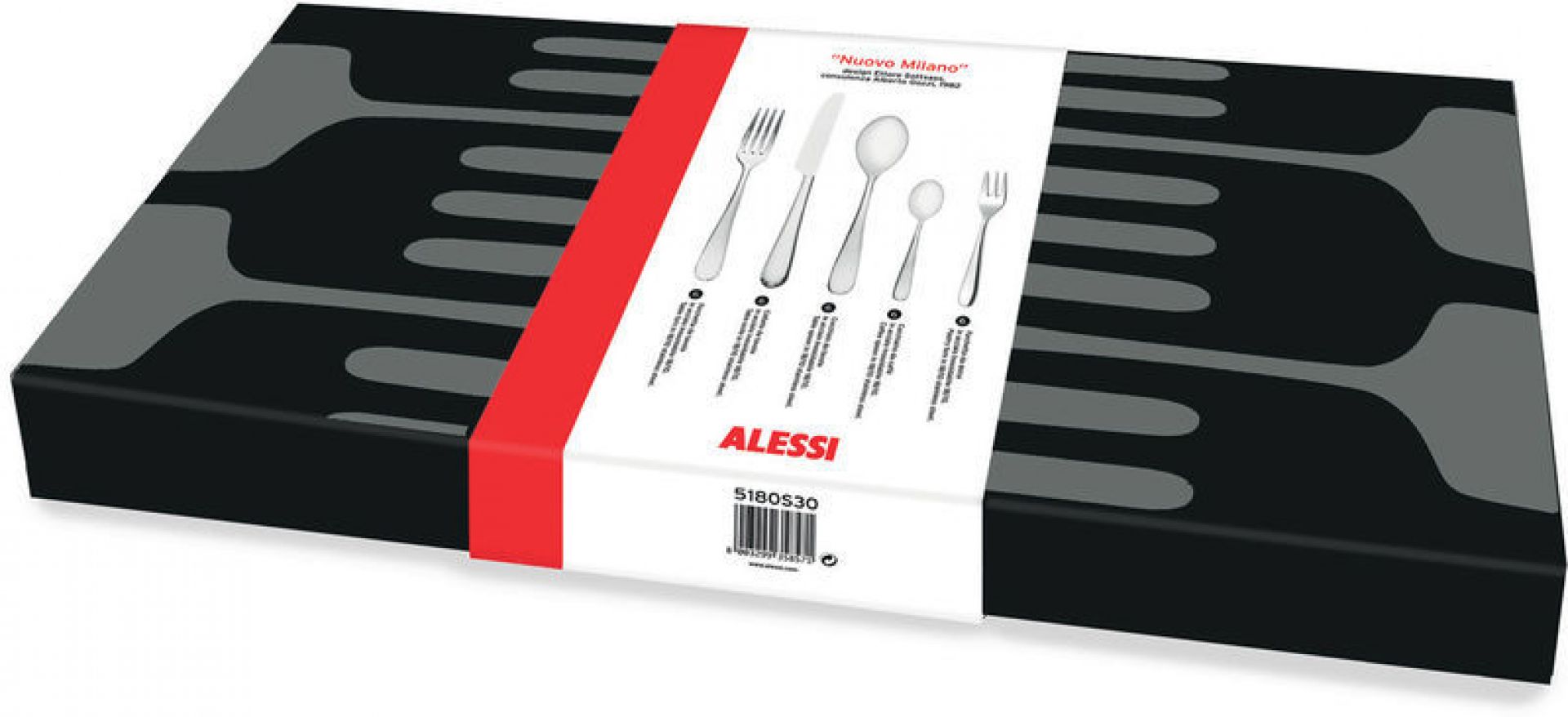 Verpackung der Alessi Nuovo Milano Besteckgarnitur, 30-teiliges Edelstahl Besteckset mit modernem Design.