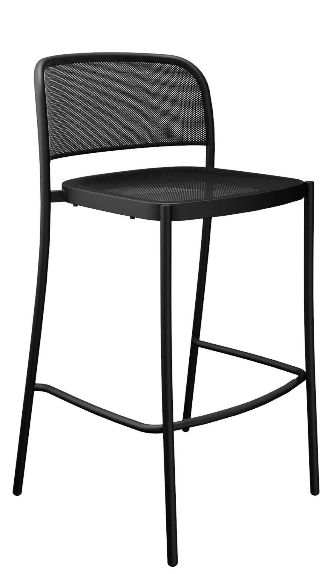 Schwarzer Emu Barhocker für den Außenbereich mit Rückenlehne und Fußstütze, ideal für Café und Bar.