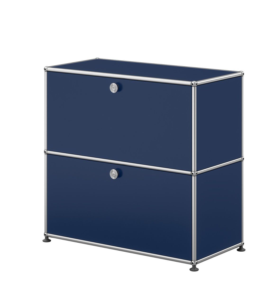 USM Haller Sideboard klein in Stahlblau mit zwei abschließbaren Fächern und verchromtem Gestell.