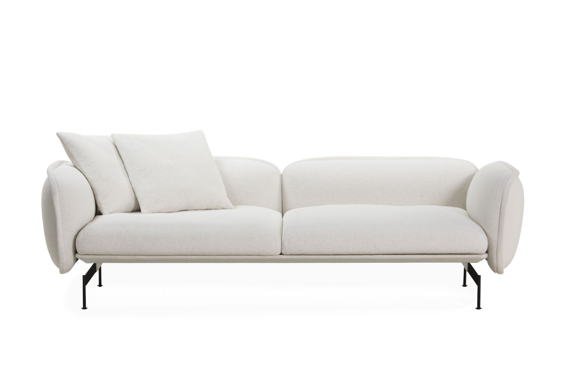 Weißes Echo Sofa von Prostoria mit Kissen und schwarzen Füßen, modernes Design.