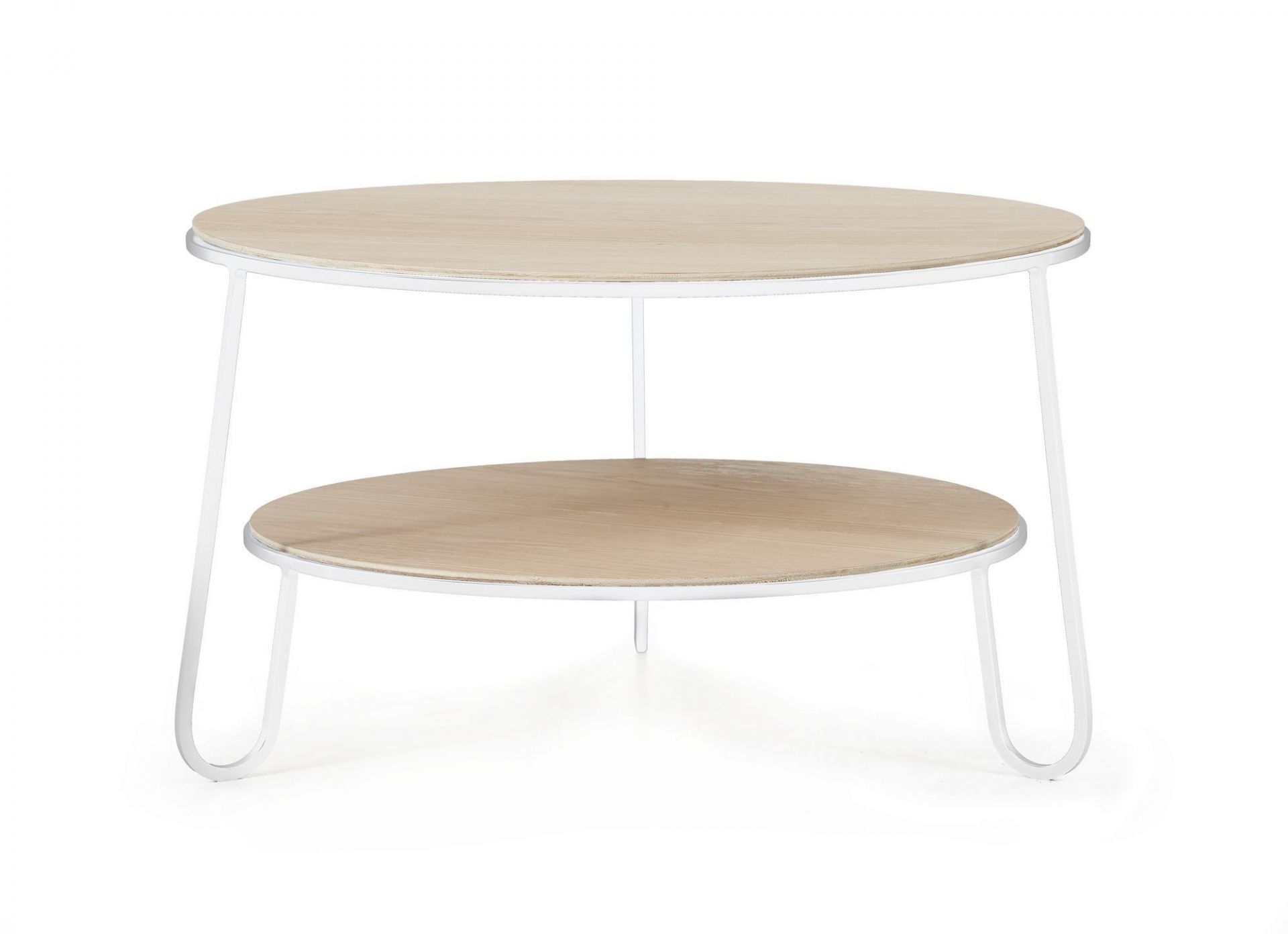 Eugénie Couchtisch von Hartô: Runder Beistelltisch mit zwei Ebenen und weißem Metallgestell.