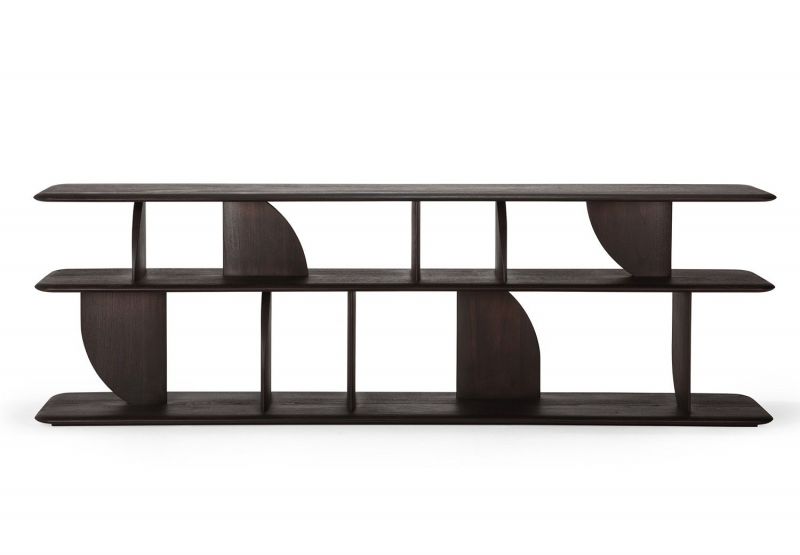 Ethnicraft Konsole aus dunklem Teakholz mit geometrischen Formen, modernes Design für Wohnzimmer und Flur.