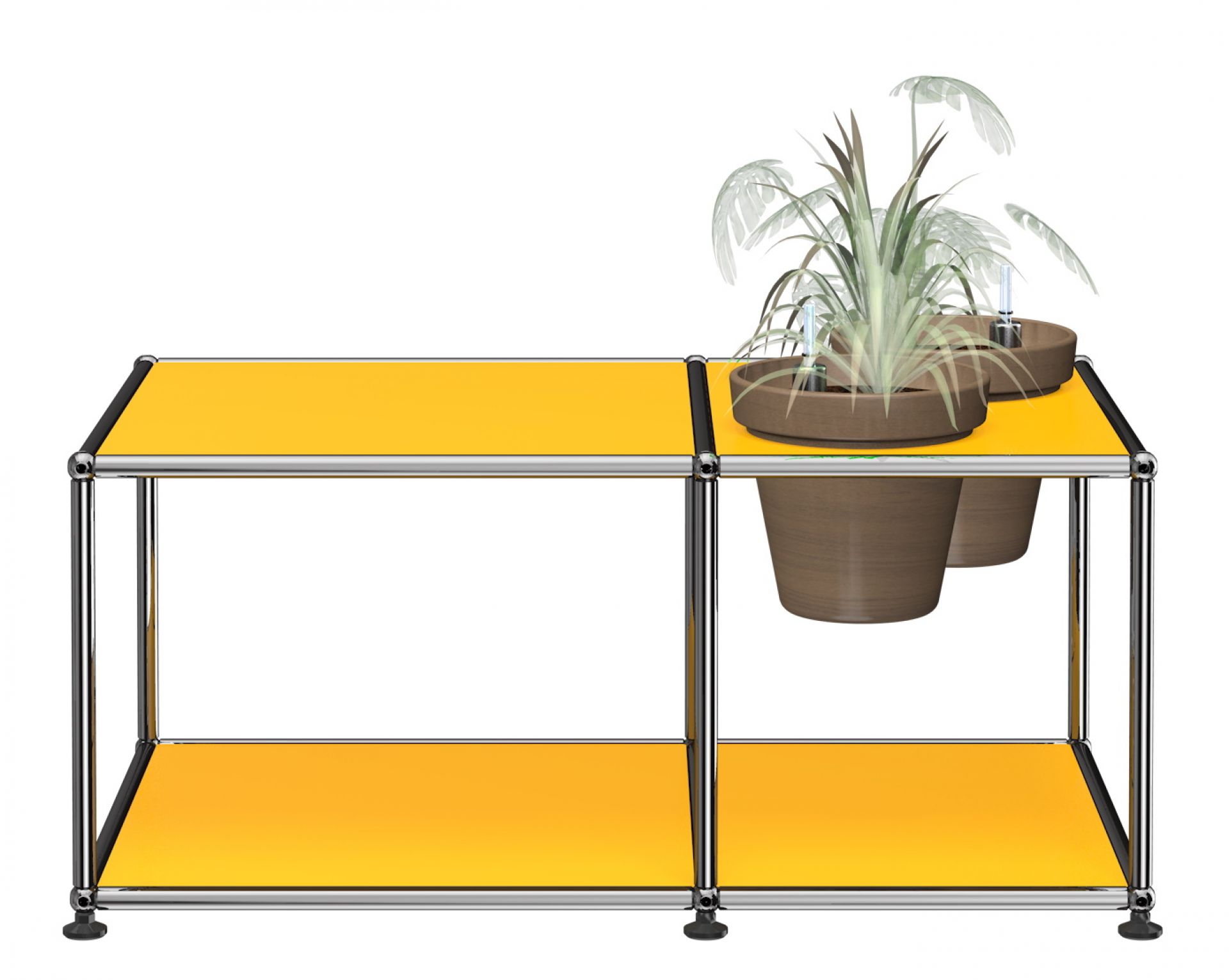 Pflanzenwelten Beistelltisch USM Haller in Goldgelb mit Pflanzen. Moderner Designklassiker für Wohnzimmer und Büro.