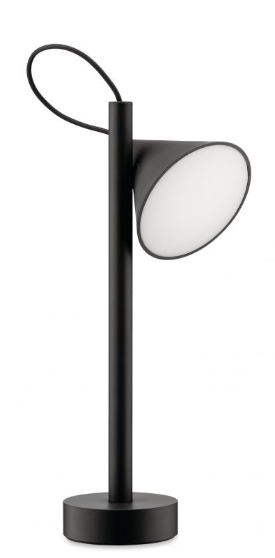 Schwarze Tsumiki Akku Leuchte von Alessi, moderne Tischleuchte mit LED-Licht und Tragegriff.