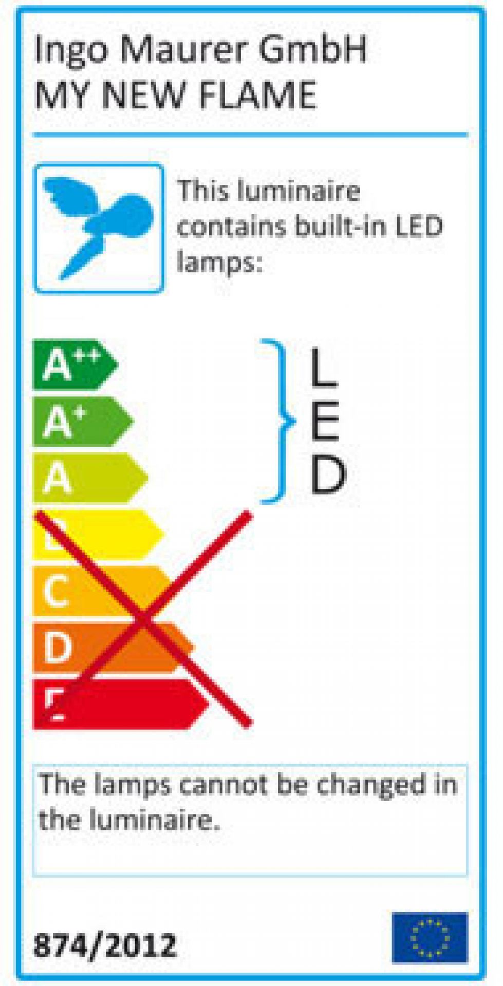 Energielabel der Ingo Maurer "My New Flame" LED Tischlampe: A++ bis E, fest verbaute LEDs.