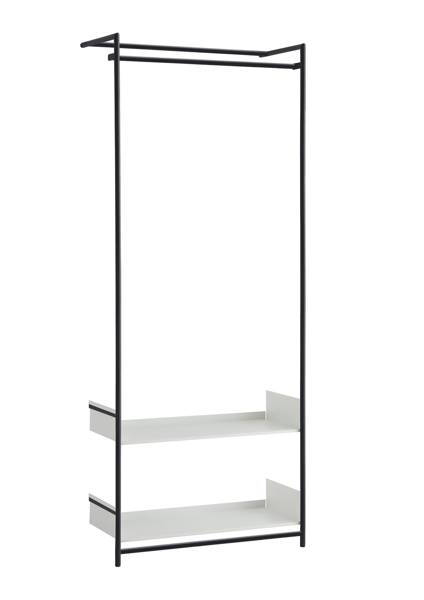 Comba Anlehngarderobe von Mox mit schwarzem Metallrahmen und zwei weißen Ablageflächen, freistehend.
