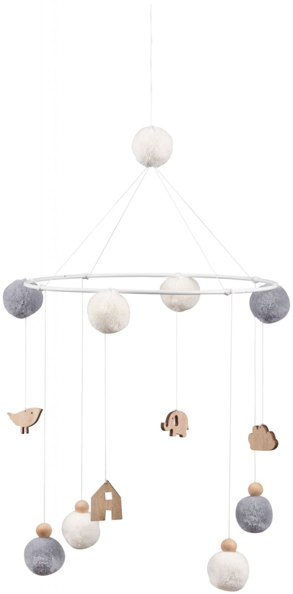 Kids Mobile mit Rädern: Baby Mobile mit Holzfiguren (Vogel, Elefant, Haus, Wolke) und Pompons in Grau und Weiß.