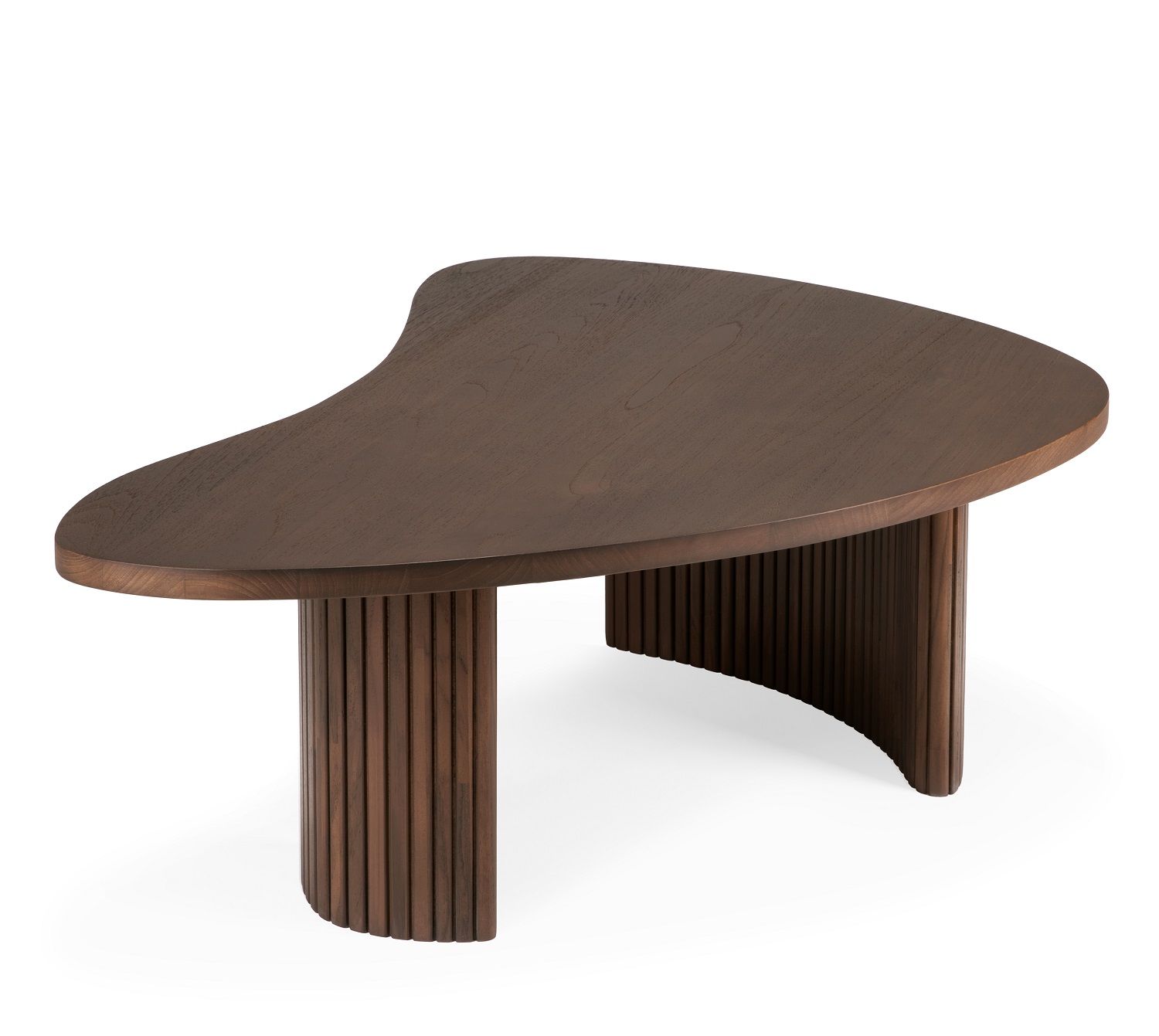 Boomerang Couchtisch von Ethnicraft in Kieselform aus dunklem Holz, modernes Wohnzimmer Design.