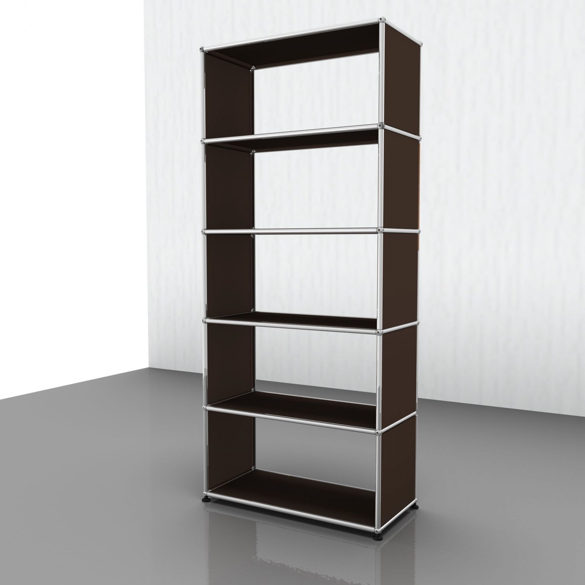 USM Haller Regal in Braun mit fünf Fächern und verchromtem Gestell, modernes modulares Möbeldesign.