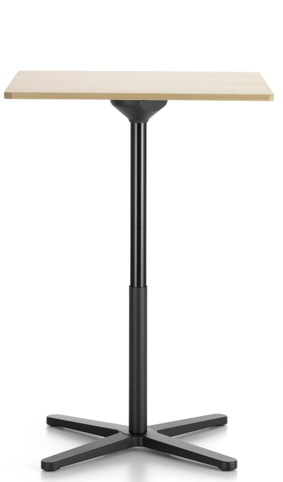 Vitra Super Fold Table High: Rechteckiger, faltbarer Stehtisch mit hellem Holz und schwarzem Fuß.