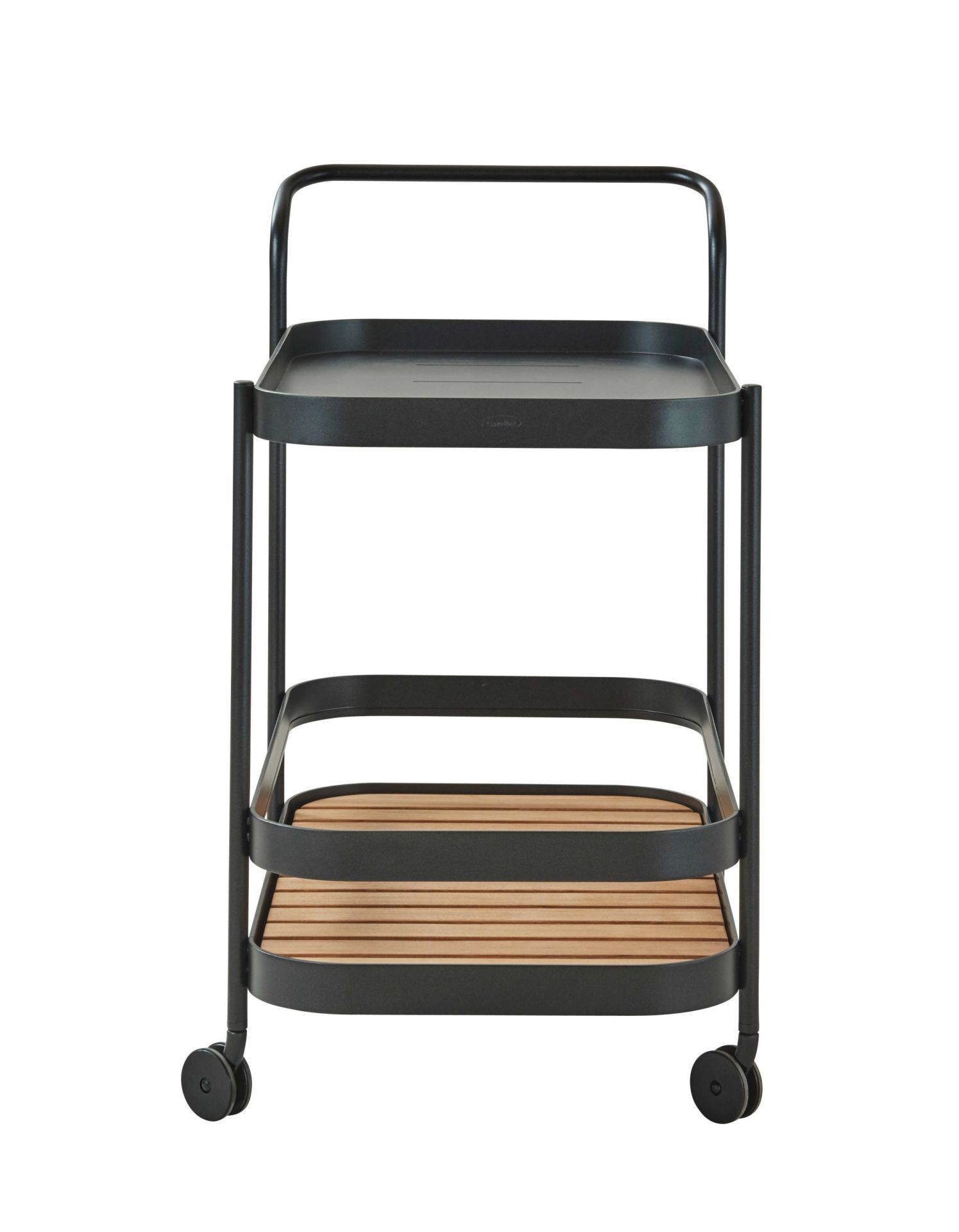 Rollbarer Servierwagen in Lavagrau von Cane-Line mit zwei Ablagen und Holzdetails.