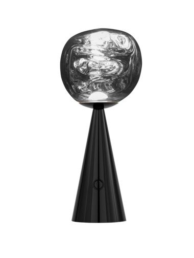 Schwarze Tom Dixon Melt Tischleuchte: Tragbare LED Lampe mit einzigartigem, verzerrtem Schirm.