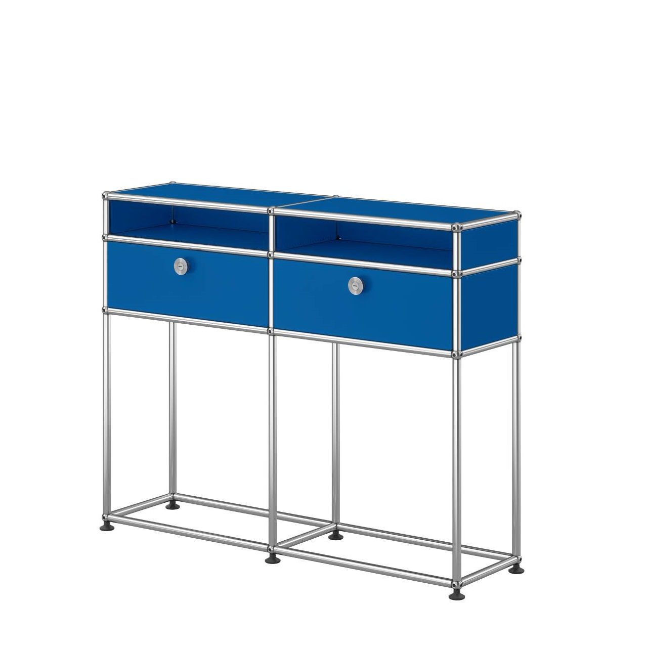 USM Haller Sideboard in Enzianblau mit zwei Schubladen und verchromtem Gestell, modernes Design.