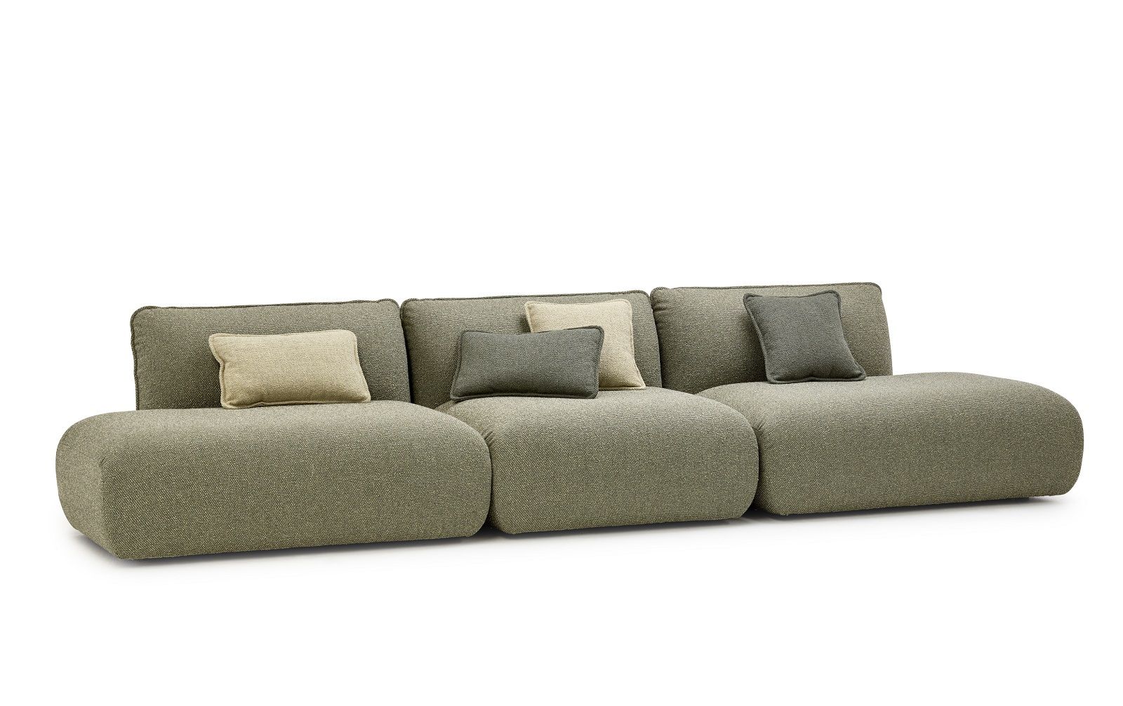 Mia Sofa, modulares Design von Freifrau Manufaktur, olivgrüner Stoffbezug mit Kissen.