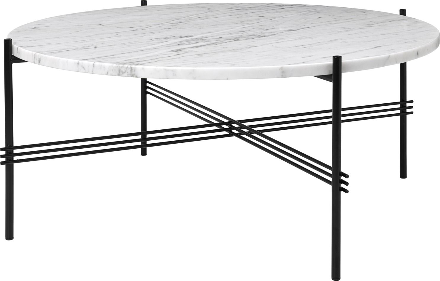 TS Coffee Table 80 Couchtisch von Gubi mit runder, weißer Marquina Marmorplatte und schwarzem Metallgestell.