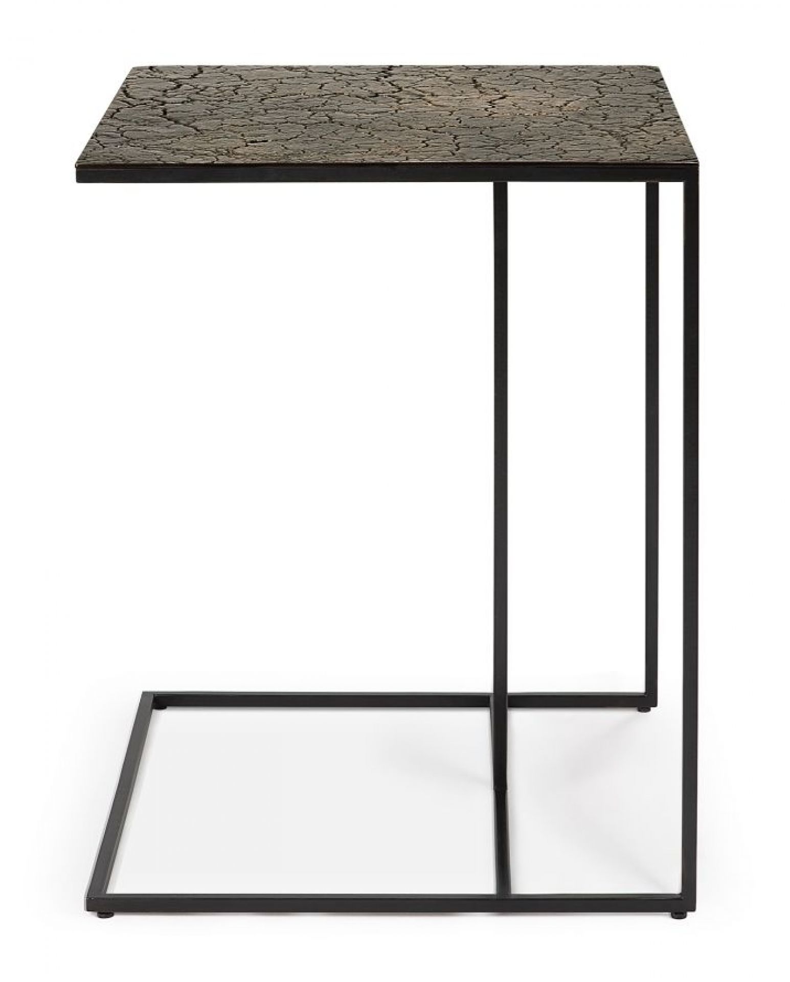 Triptic Beistelltisch von Ethnicraft mit dunkler Tischplatte und schwarzem Metallgestell im modernen Design.