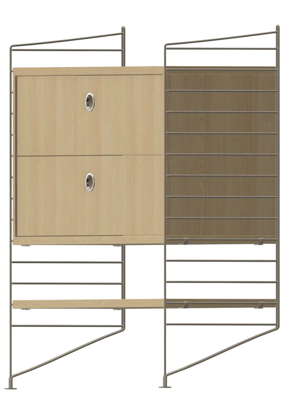 Wohnzimmer KONFIGURATIONEN L8 String Furniture: Regalsystem mit Holzschrank, Regalböden und Metallrahmen für Wohnraumgestaltung.