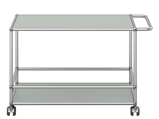 USM Haller Servierwagen in Lichtgrau: Moderner Barwagen mit zwei Ablageflächen und praktischem Griff.