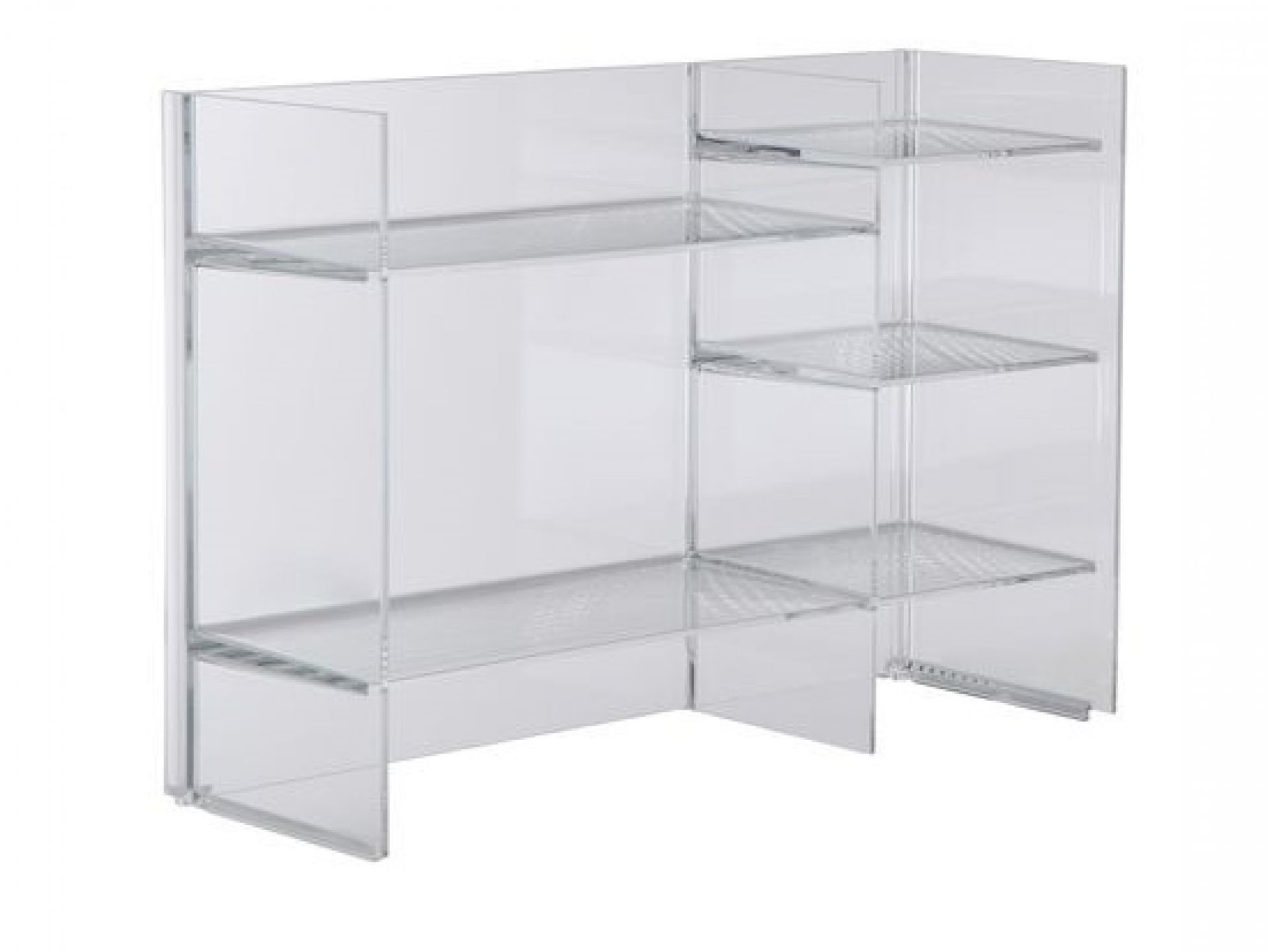 Klares Kartell Sound-Rack Regalsystem aus transparentem Acryl mit drei Regalebenen.