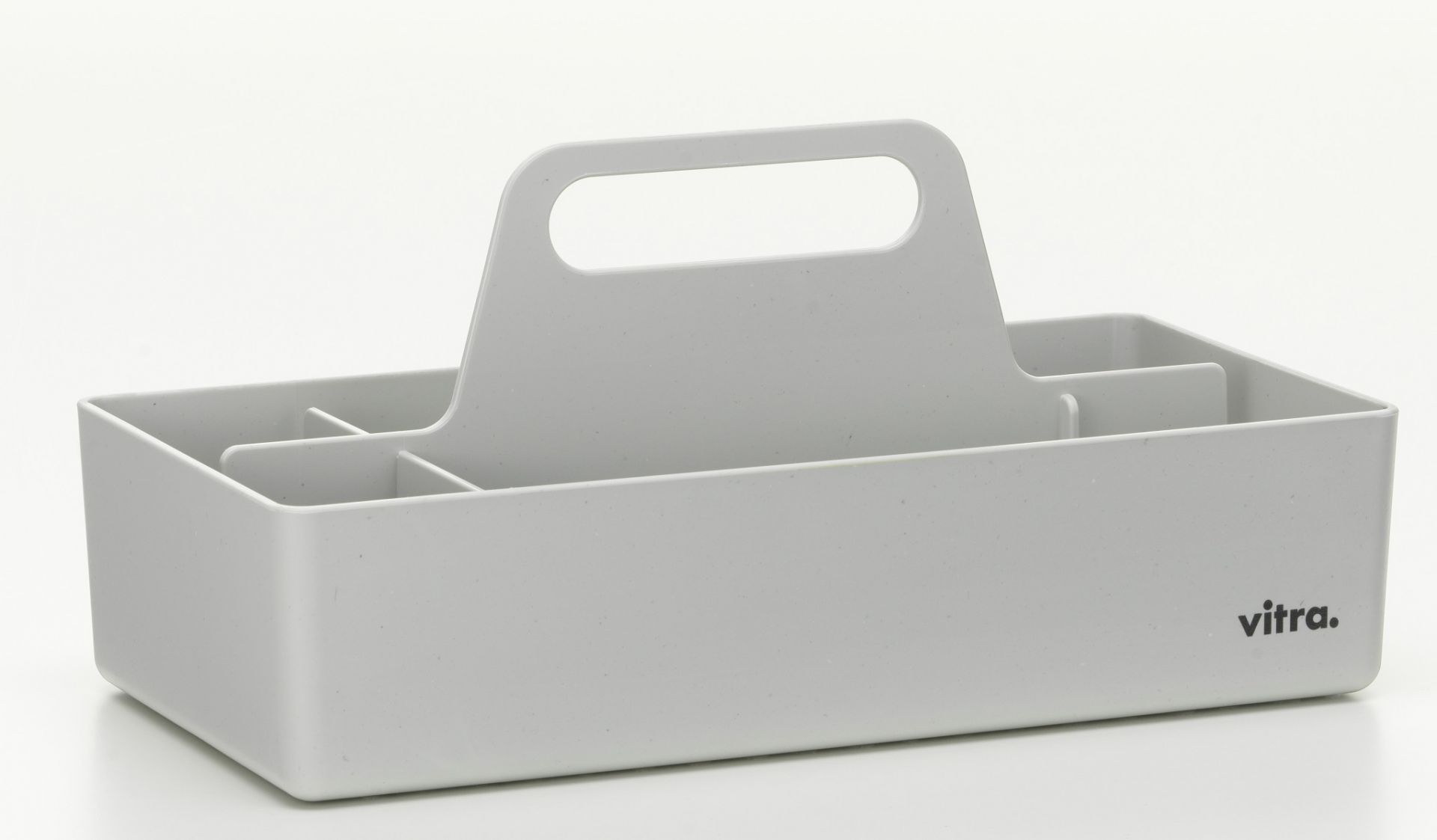 Graue Vitra Toolbox RE Organisationsbox mit Tragegriff und Fächern zur Aufbewahrung auf weißem Hintergrund.