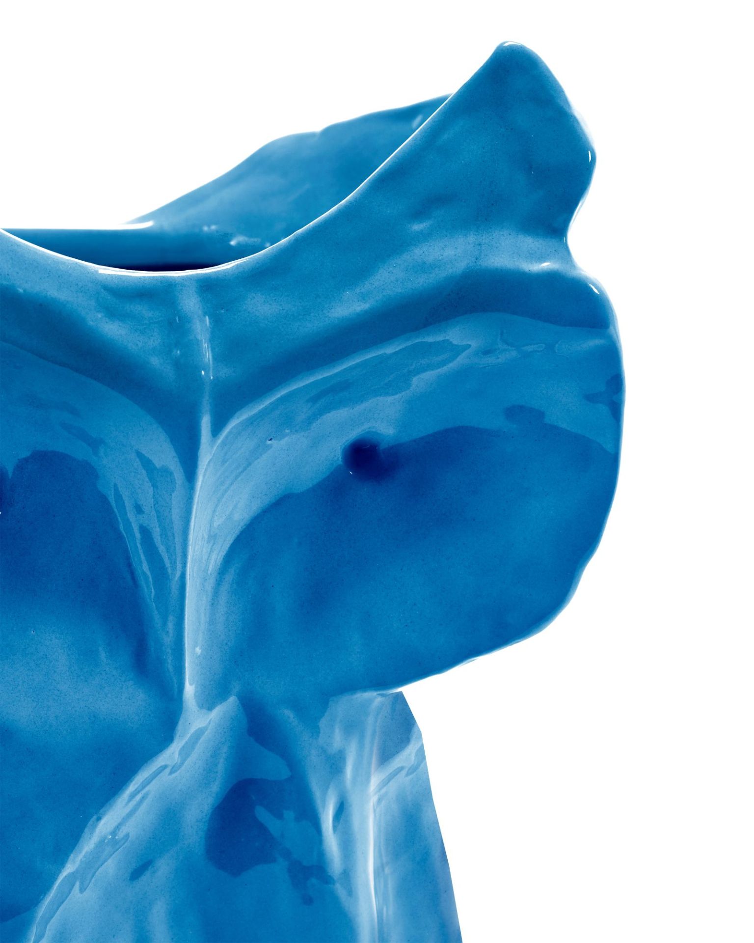 Detailaufnahme der blauen Keramik Eule Vase von Serax, moderne Dekoration für Blumen und Pflanzen.