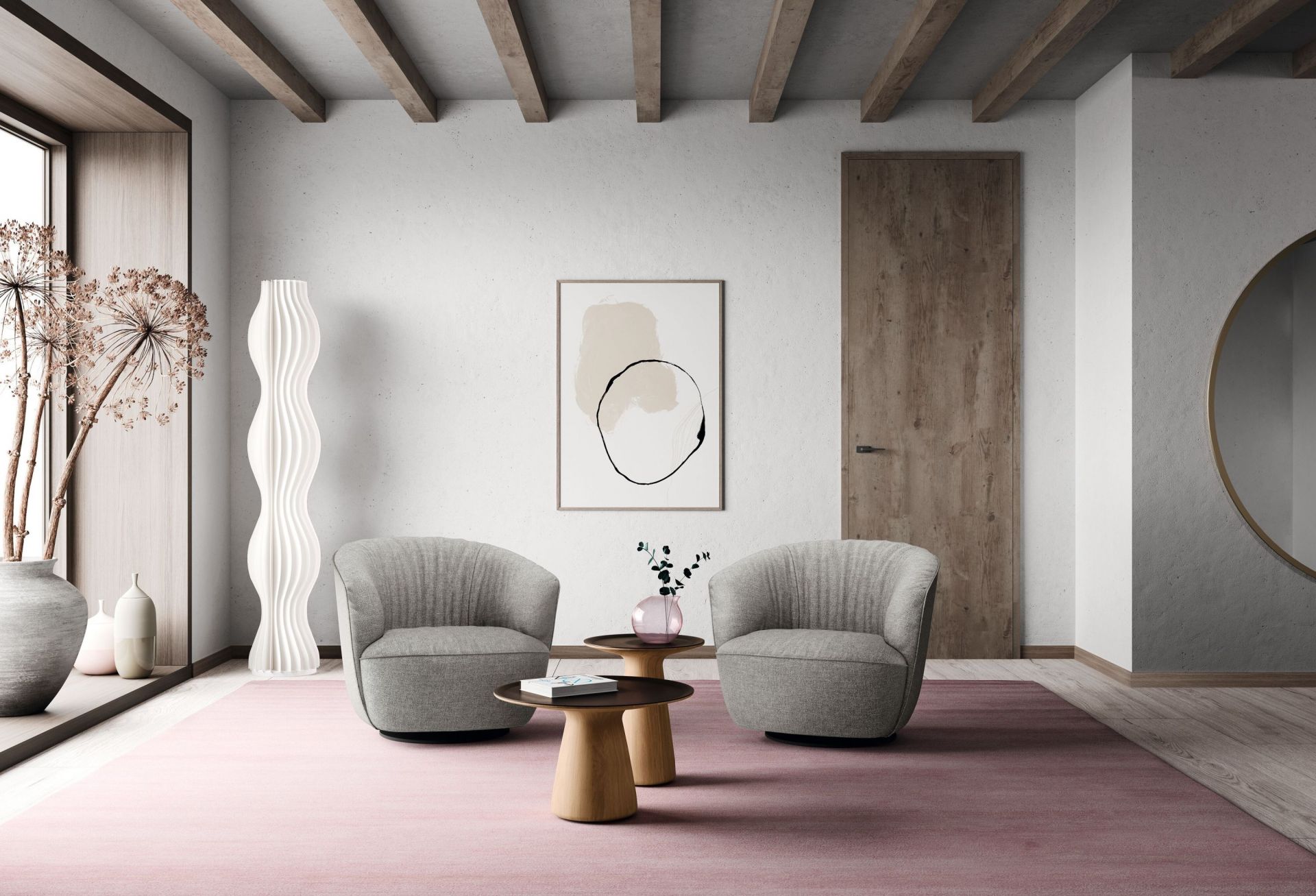 Zwei graue Ishino Sessel von Walter Knoll mit kleinen Beistelltischen auf einem rosa Teppich.