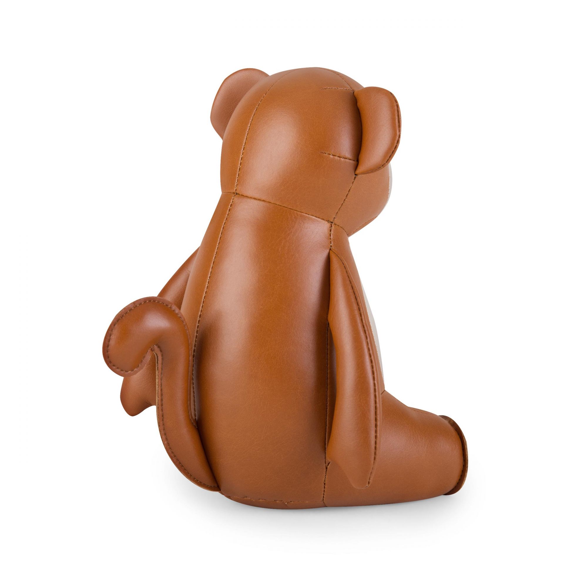 Tanfarbene Züny Affen-Buchstütze aus Kunstleder, sitzend von hinten, dekorative Tierfigur für Bücherregale.