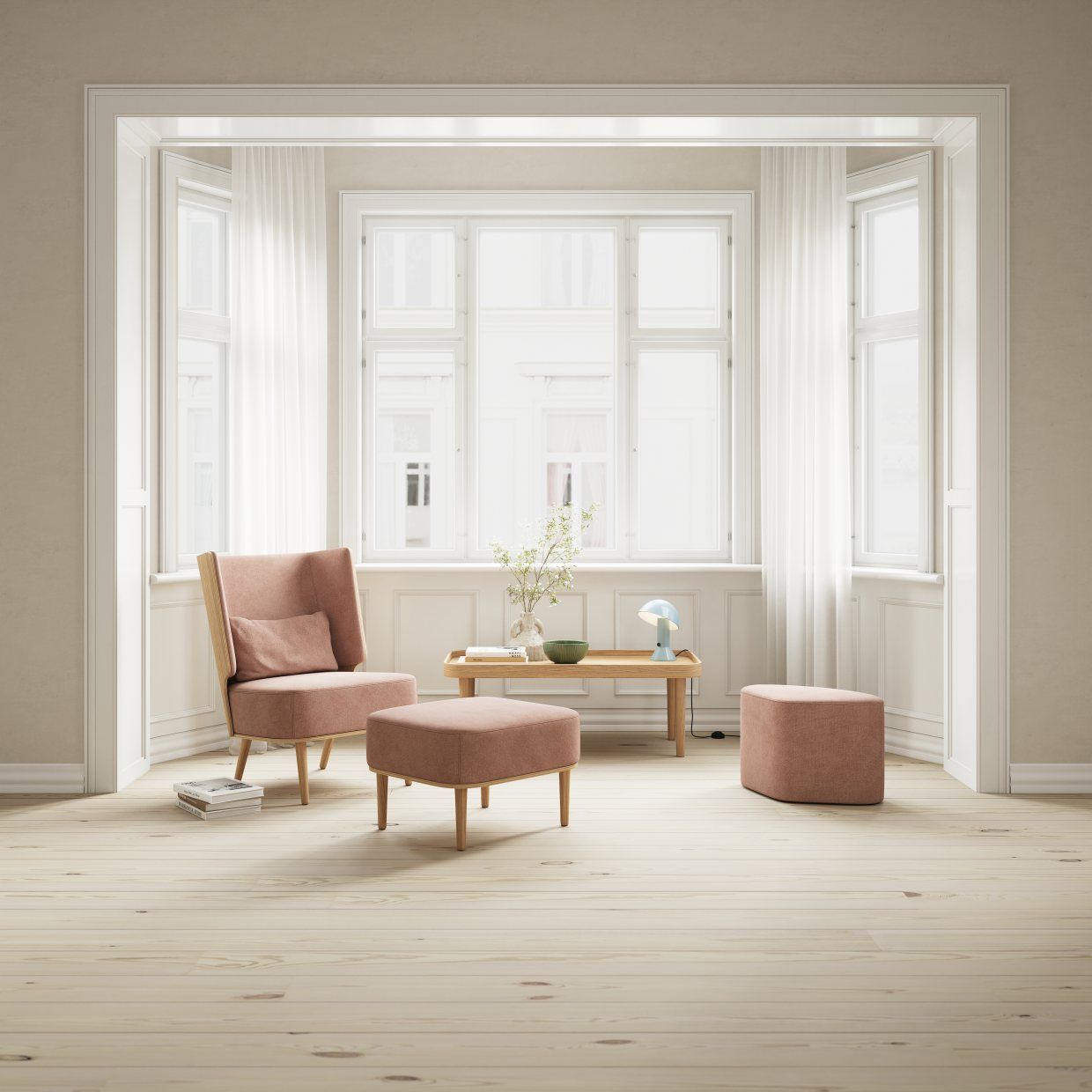 Madison Pouf Hocker in Goldener Sand Farbe im Wohnzimmer, bequemer Sitzhocker für entspanntes Wohnen.