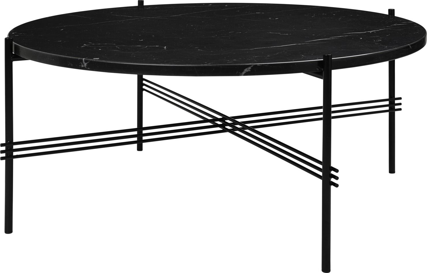 TS Coffee Table von Gubi, runder Couchtisch mit schwarzer Marmorplatte und filigranem, schwarzem Metallgestell.