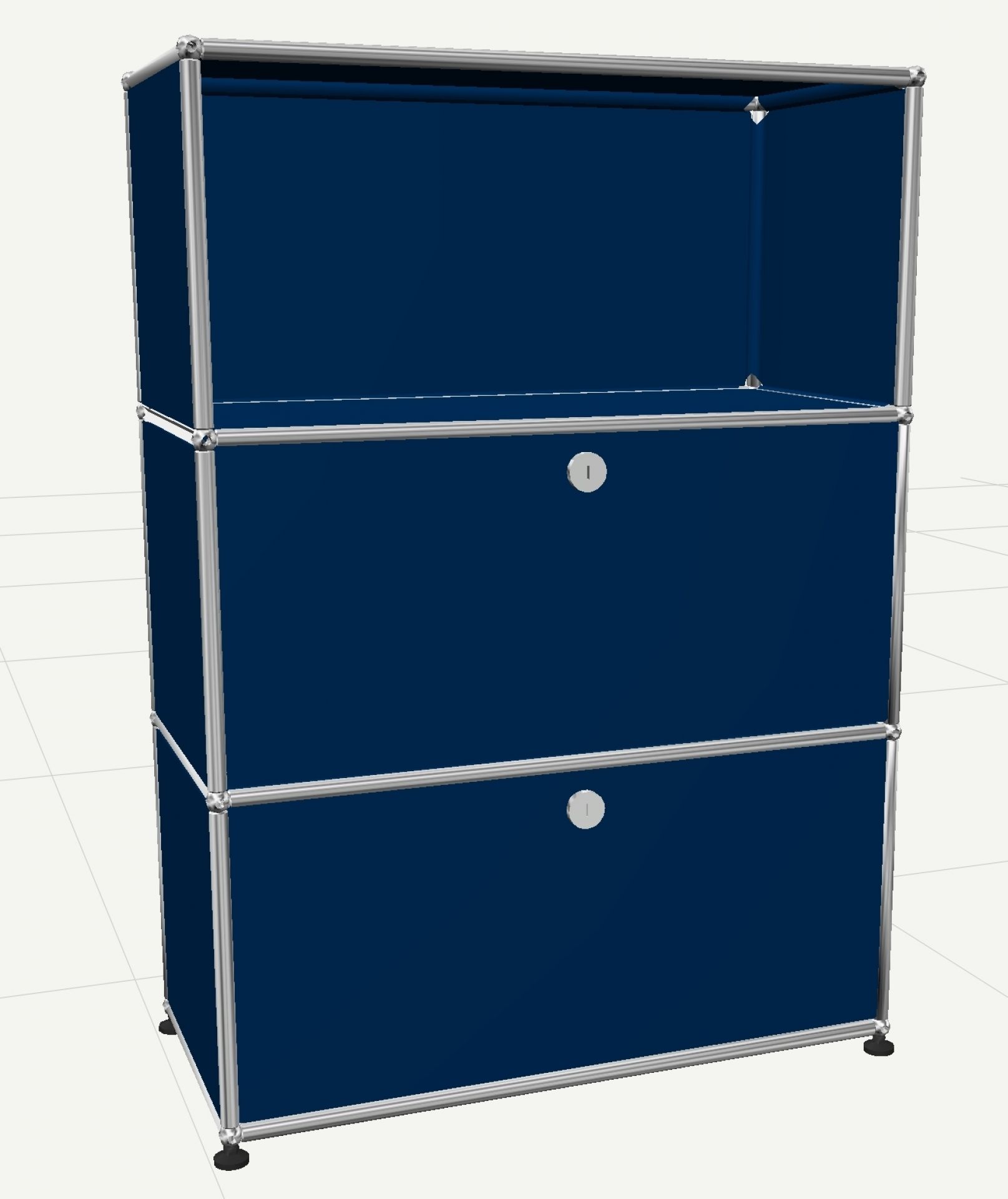 USM Haller Highboard in Enzianblau mit zwei Klappen und einem offenen Fach.