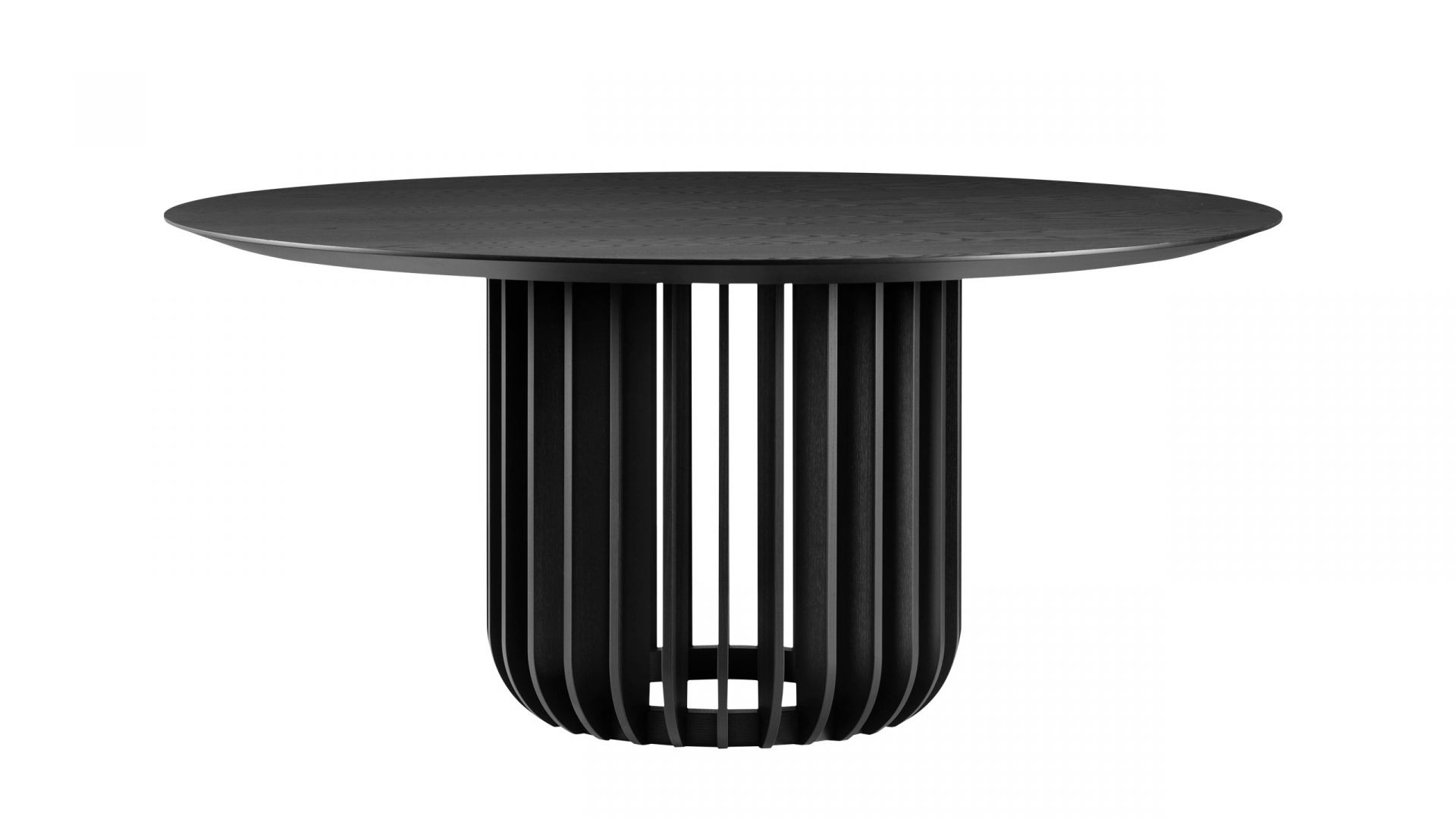Juice Tisch von Miniforms, runder Esstisch aus schwarzem Holz mit Latten-Gestell.