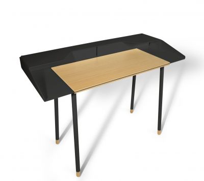 Miss Moneypenny Schreibtisch mit schwarzer Ablage und hellem Holzfurnier, modernes Design für Büro und Homeoffice.