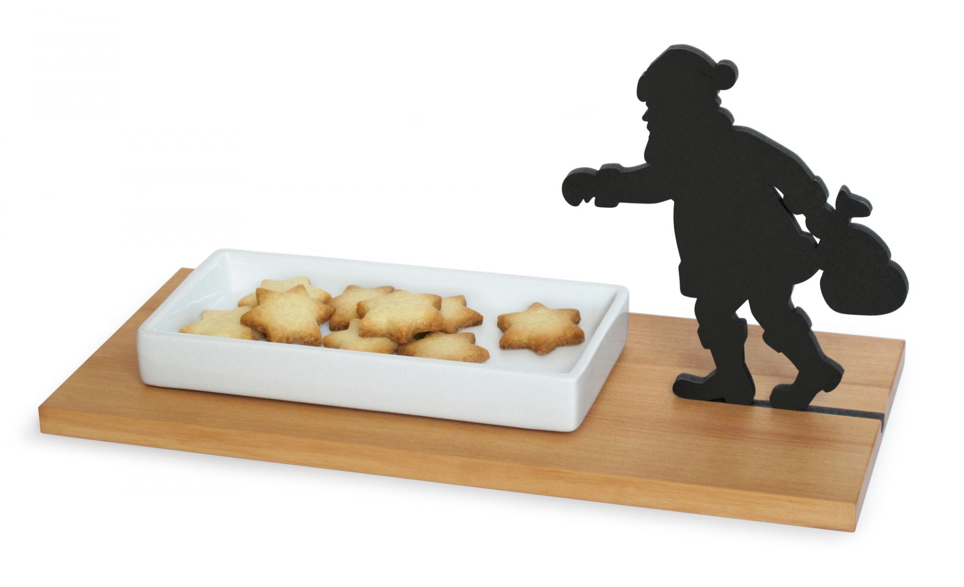 Klaus Keksschale mit Sternkeksen und Santa Figur aus Holz auf Holzbrett. Dekorative Weihnachtsschale.
