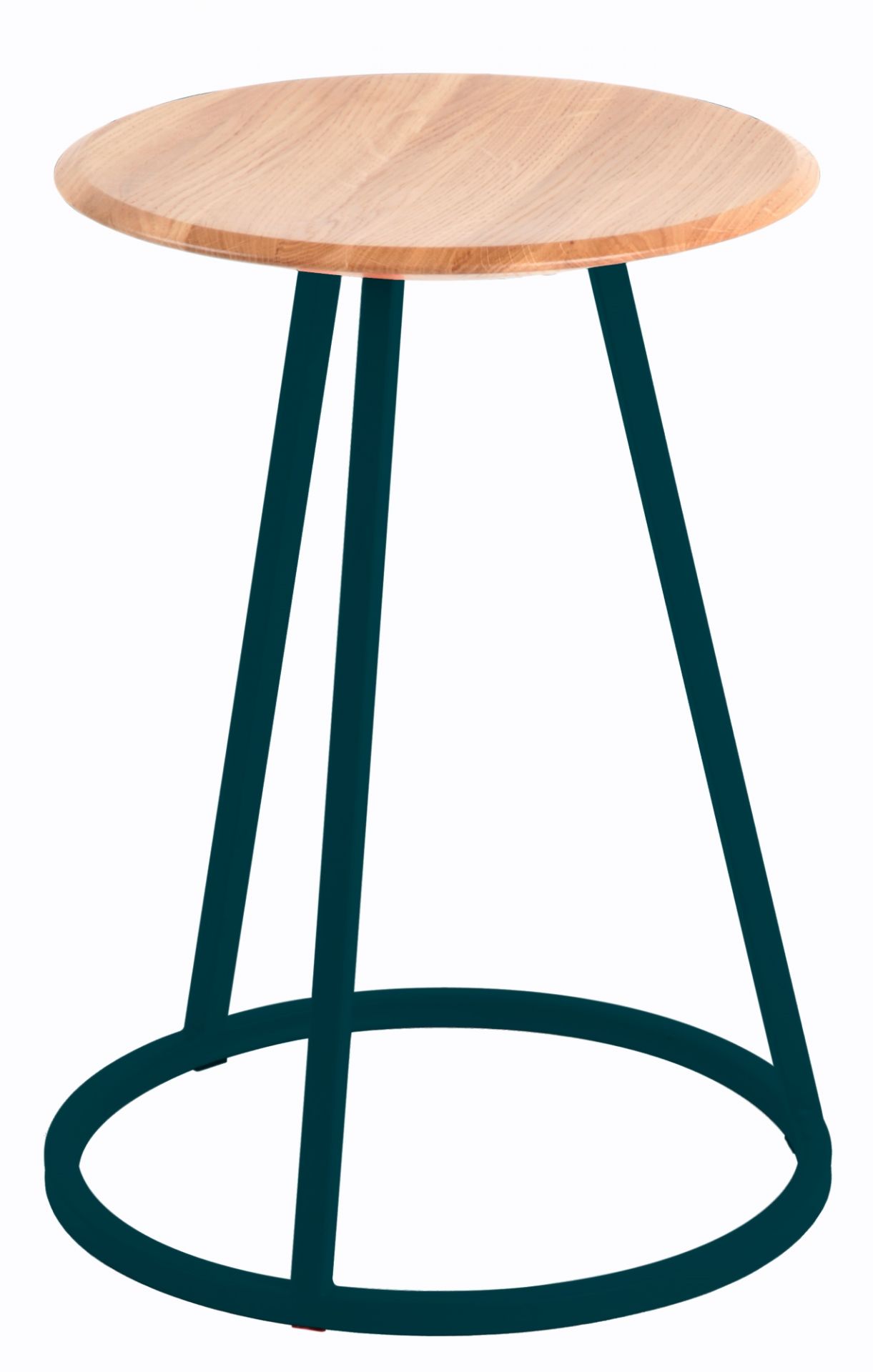 Gustave Hocker von Hartô mit runder Holzplatte und petrolfarbenem Metallgestell. Moderner Barhocker.