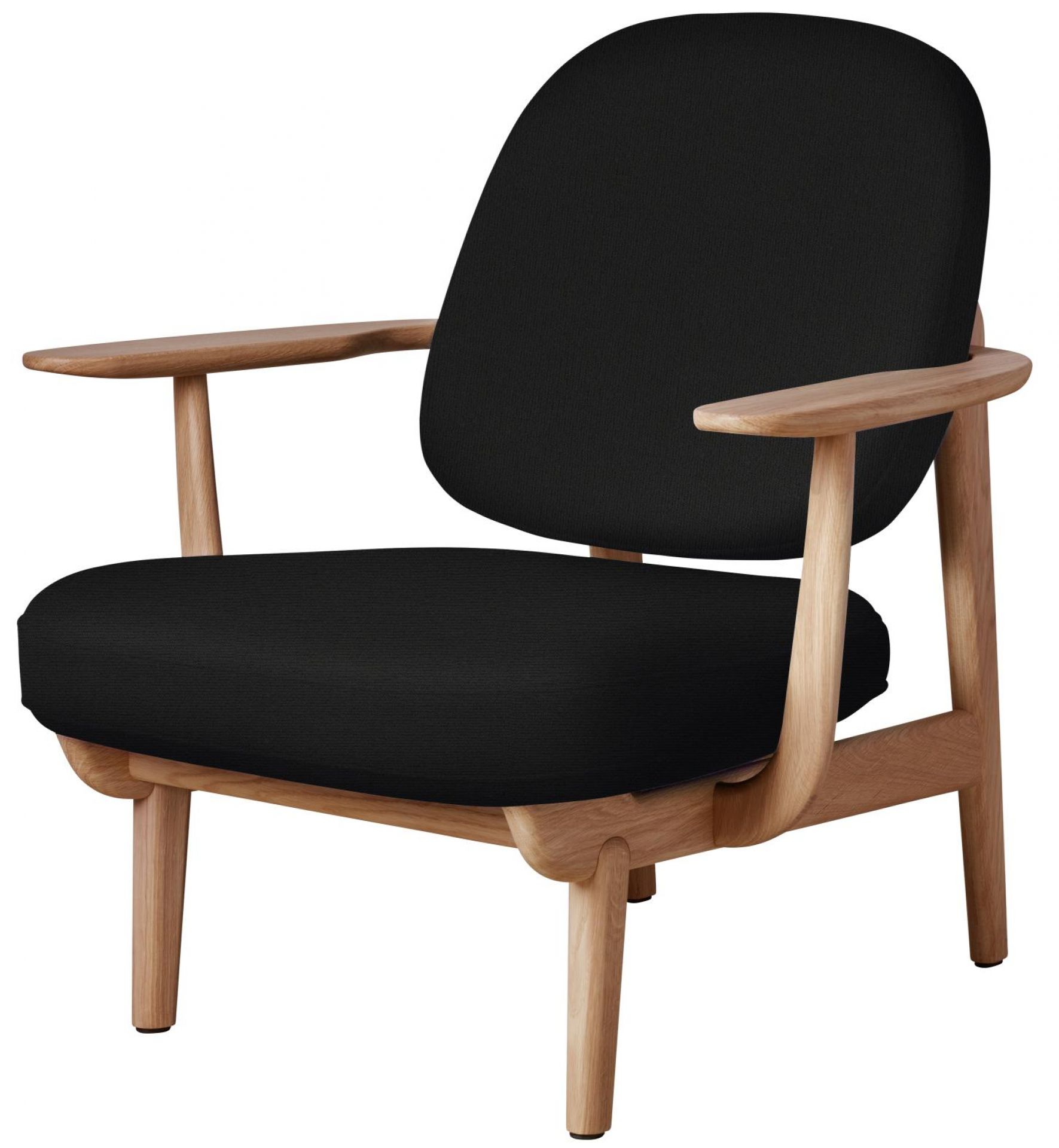 Fred Loungesessel von Fritz Hansen mit schwarzem Stoffbezug und hellem Holzgestell. Design Sessel.