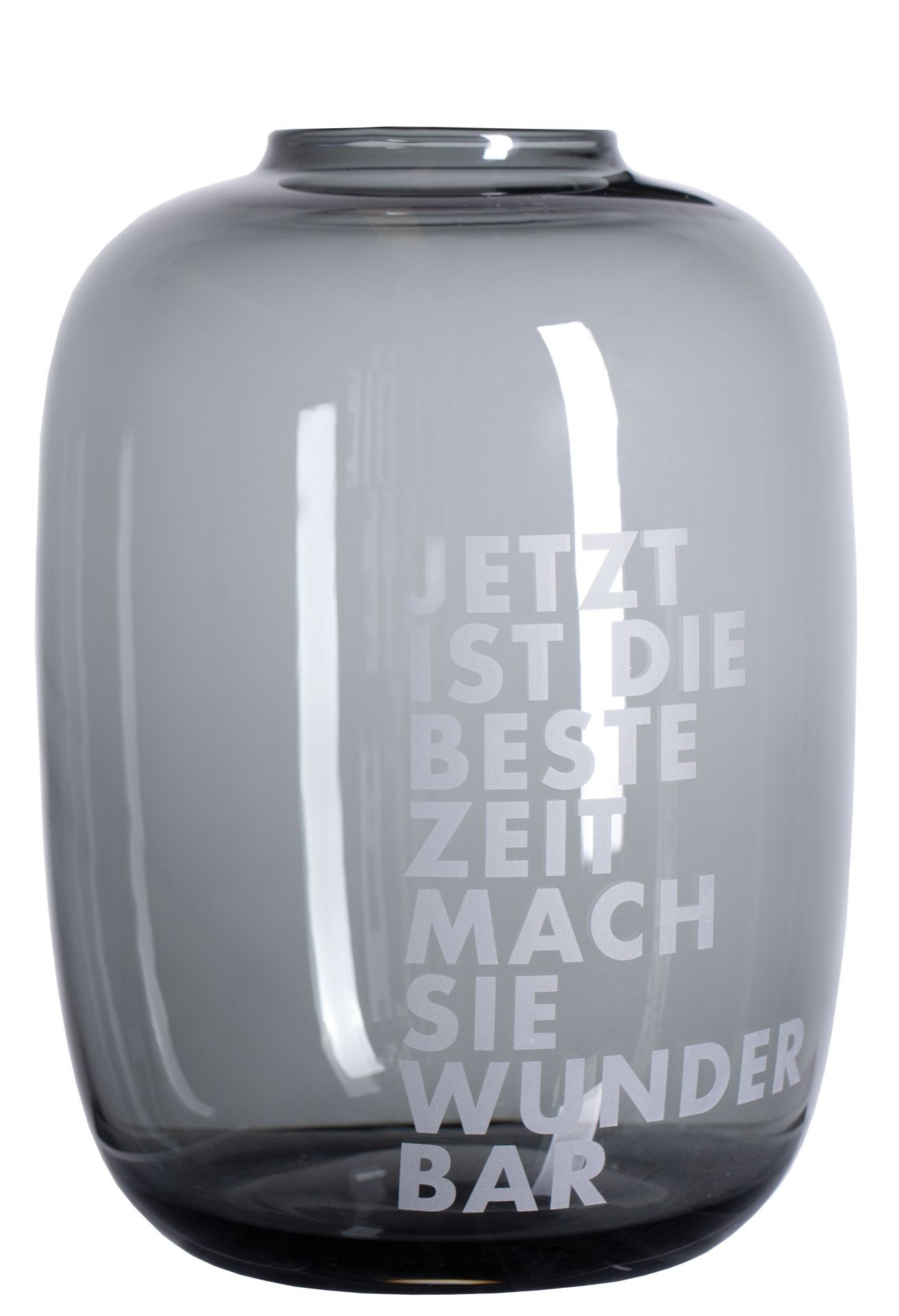 Graue Living Glasvase mit Aufschrift "Jetzt ist die beste Zeit". Dekorative Blumenvase für Wohnaccessoires.