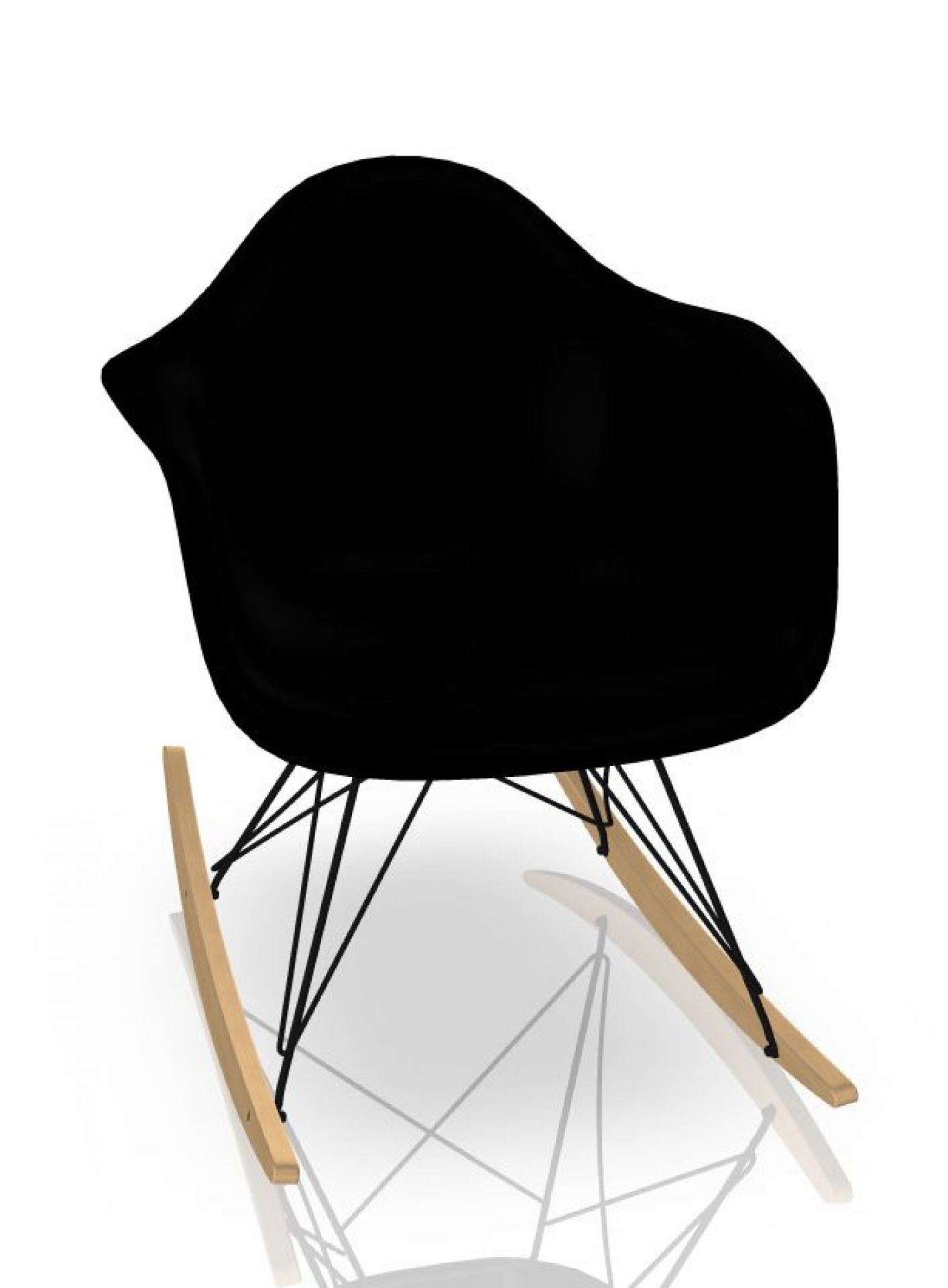 Schwarzer Eames Schaukelstuhl RAR mit Ahorn-Kufen und schwarzem Drahtgestell von Vitra. Designklassiker für Wohnzimmer.
