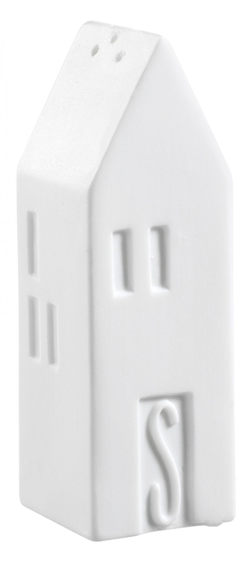 S&P Salzstreuer in Hausform, weißes Keramik Design mit "S"-Prägung, modernes Tischaccessoire.