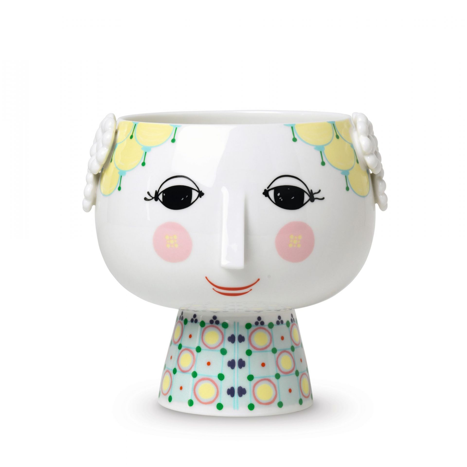 Übertopf Eva Bjorn Wiinblad mit Gesicht und floralem Muster, Keramik Blumentopf für Zimmerpflanzen.