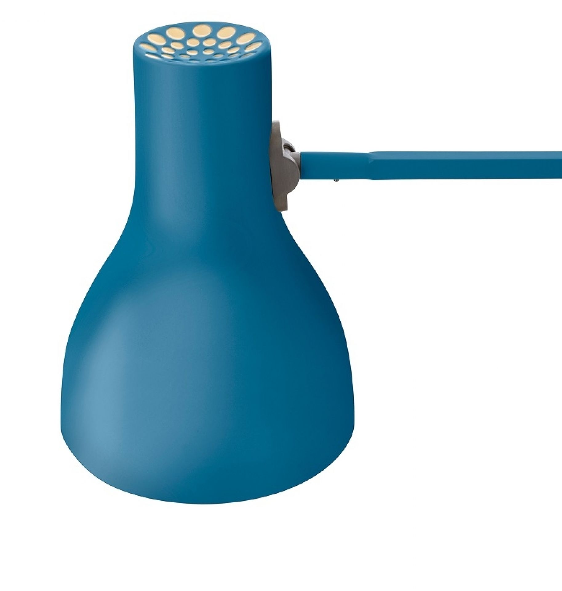 Detailaufnahme der blauen Type 75 Anglepoise Tischleuchte Margaret Howell Edition, moderne Schreibtischlampe für Büro und Zuhause.